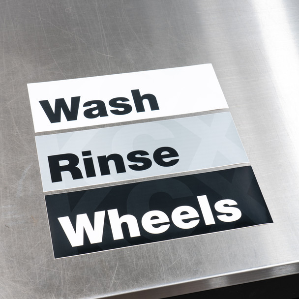 The Clean Garage | Wash Rinse Wheels Bucket Labels | Set of 3 Stickers 9.5" x 3.75"