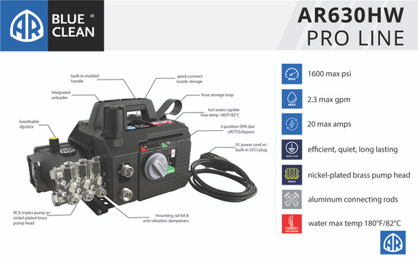 AR630 Gen 2 HOT Water Pressure Washer  | AR Blue Clean 630 | 2.3 GPM