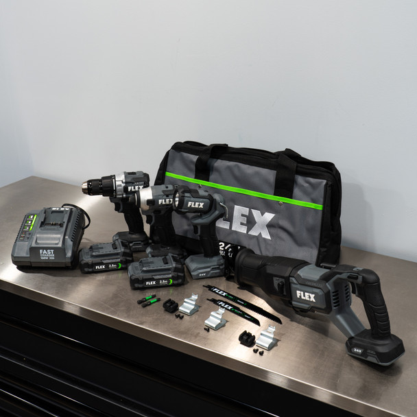 Flex 24v Lithium Ion 4 Tool 2 Battery Kit | Drill Impact Light and Saw