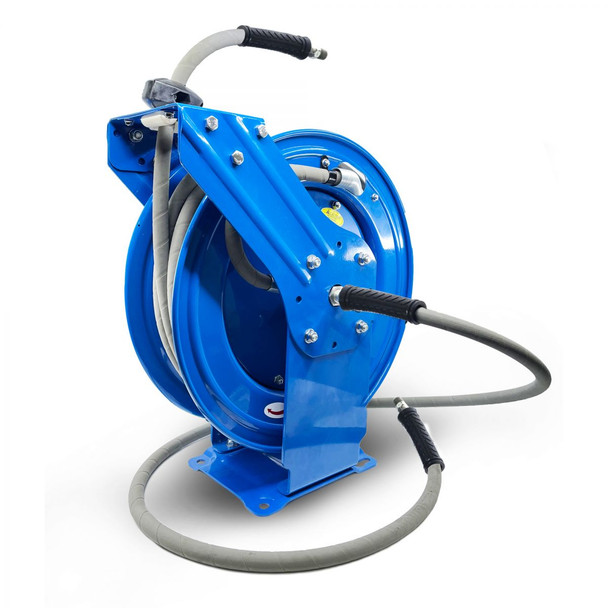 50' BluBird Retractable Pressure Washer Hose Reel Blue | 3/8" Gray Hoses | The Clean Garage