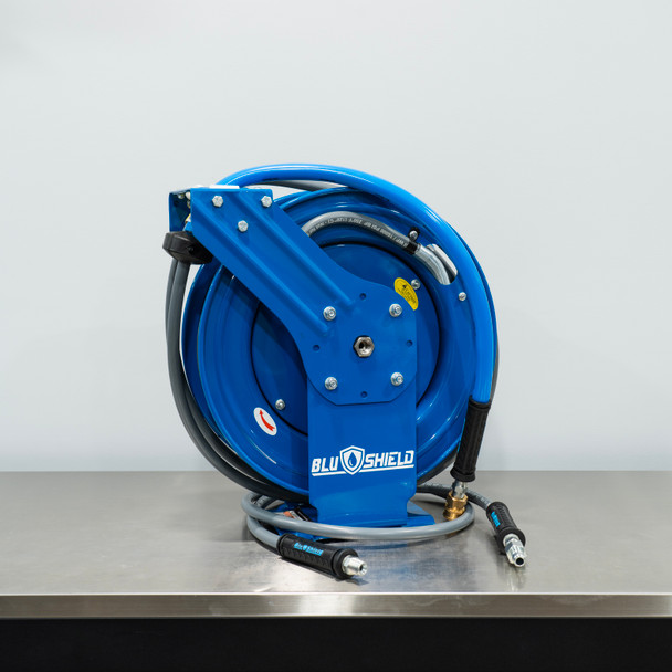 50' BluBird Retractable Pressure Washer Hose Reel Blue | 3/8" Gray Hoses | The Clean Garage