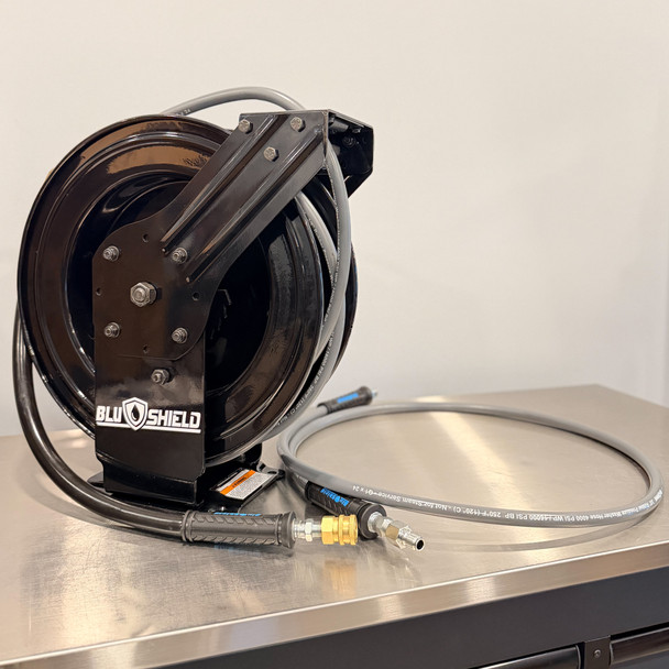 50' BluBird Retractable Pressure Washer Hose Reel Black | 3/8" Gray Hoses | The Clean Garage