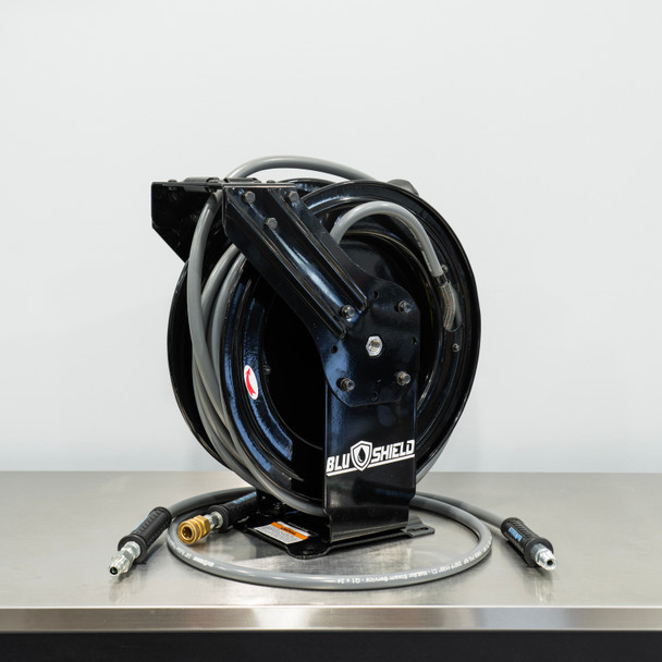 50' BluBird Retractable Pressure Washer Hose Reel Black | 3/8" Gray Hoses | The Clean Garage