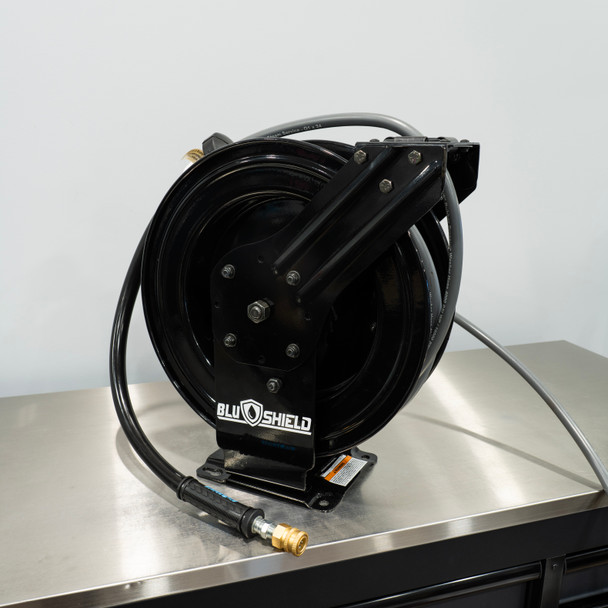 50' BluBird Retractable Pressure Washer Hose Reel BLACK | 3/8" Gray Hoses