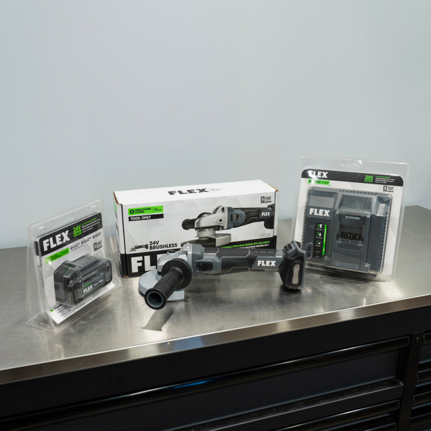 Flex 24v Cordless 5" Angle Grinder Kit | 5.0 Ah Battery & Rapid Charger | The Clean Garage