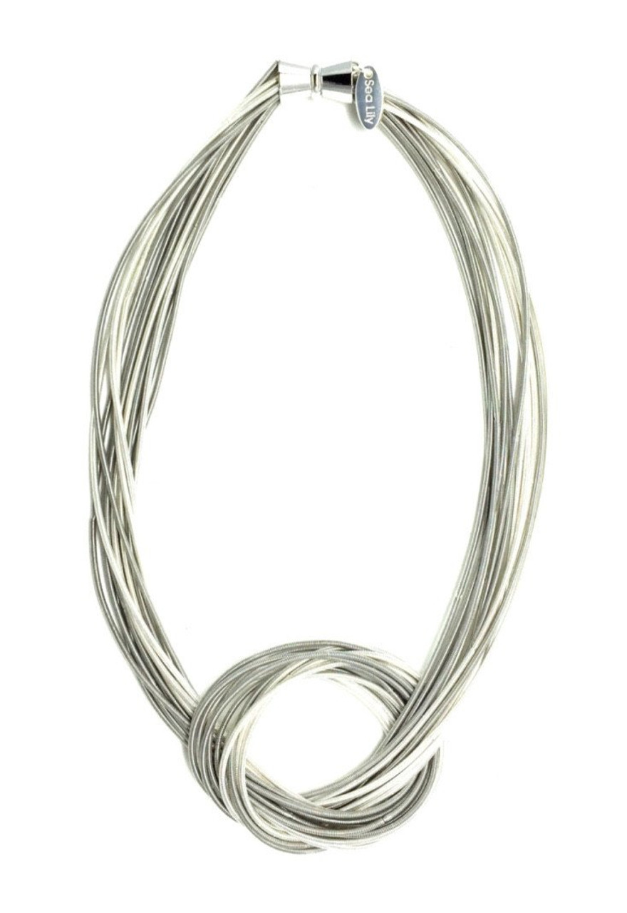 Large Knot Piano Wire Necklace in Silver and White