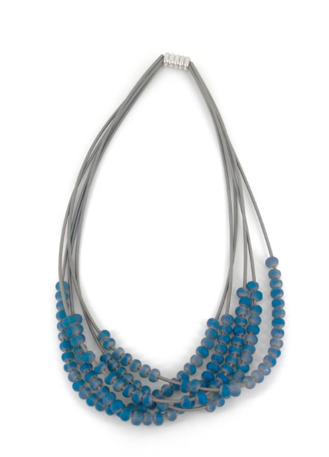 Silver 5 Layer Necklace with Blue Beads