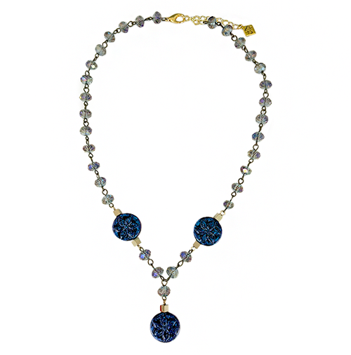 Blue Crystal and Glass Flowers Linked Necklace
