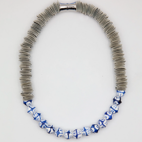 Blue & White Beads with Spring Ring Necklace