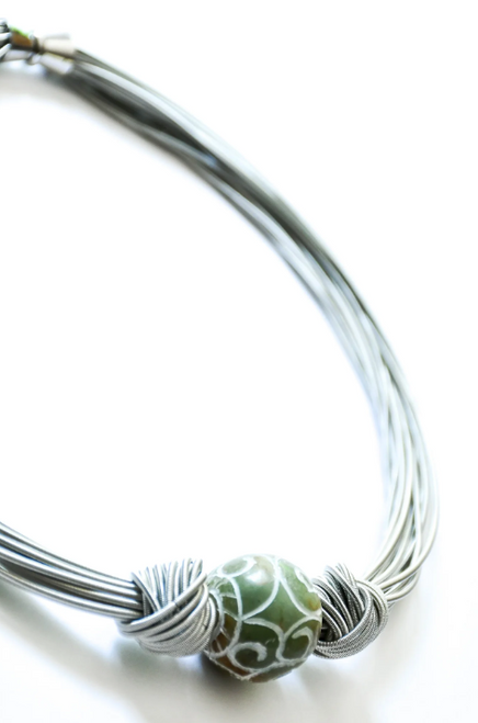 Green Jade Bead on Silver Wire Necklace