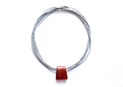 Silver Wire Necklace with Red Agate Pendant