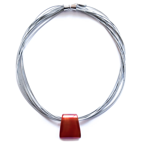 Silver Wire Necklace with Red Agate Pendant