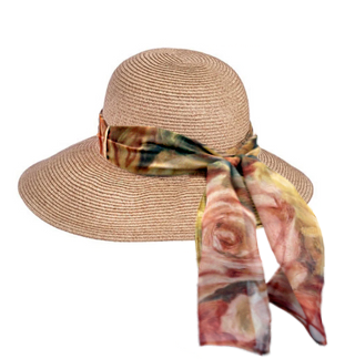Straw Sunhat with Renoir Roses Art Scarf