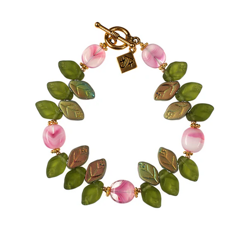Pink and Green Glass Flower Bracelet