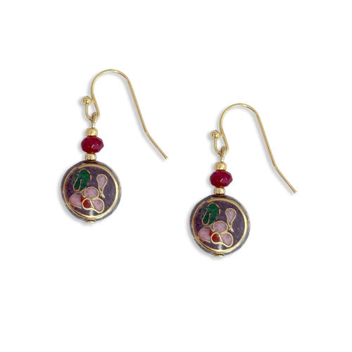 Lavender Cloisonné Coin Pearl Earrings