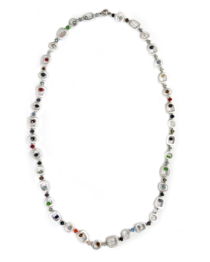 Long Silver Geometric Necklace with Multi Stones