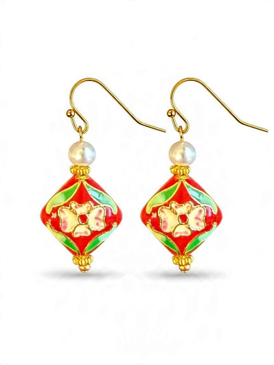 Red Cloisonne with Pearl Earrings