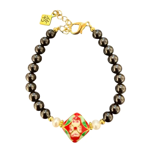 Red Cloisonne with Pearls Bracelet