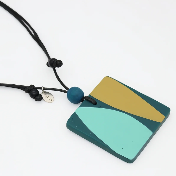 Teal Geometric Print Pendant Necklace