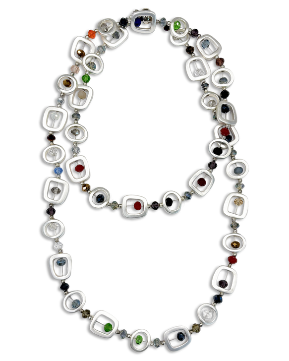 Long Silver Geometric Necklace with Multi Stones