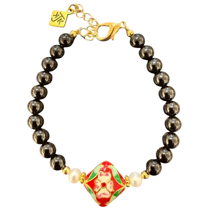 Red Cloisonne with Pearls Bracelet