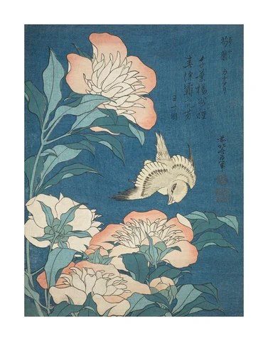 Hokusai Peonies and Canary