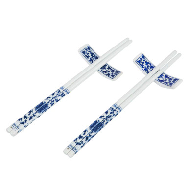 Blue & White Floral Chopsticks & Holders Set of 2