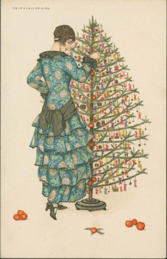 MFA Woman In Blue Dress Decorating a Christmas Tree Holiday Cards