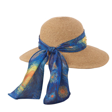 Straw Sunhat with Van Gogh Starry Night Art Scarf