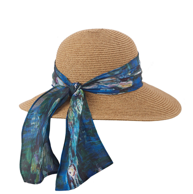 Straw Sunhat with Blue Monet Art Scarf