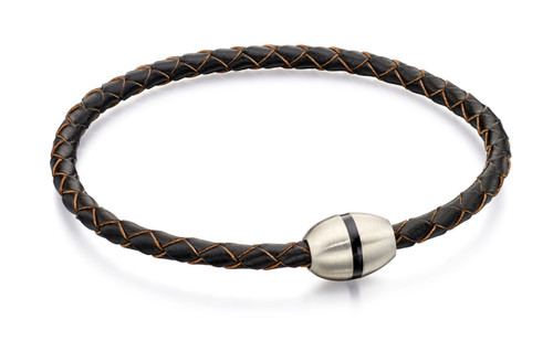 Skinny Brown Leather Plaited Stainless Steel Bracelet