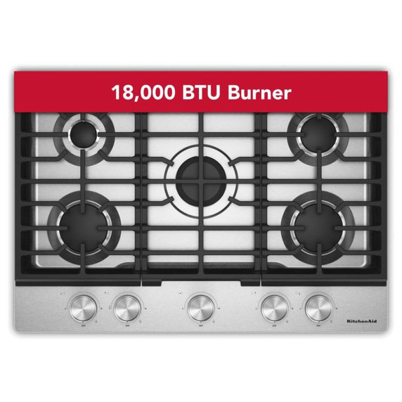 Kitchenaid® Gas-on-Metal Cooktop with 5 Versatile Burners and Edge-to-Edge Cast-Iron Grates KCGK330SSS