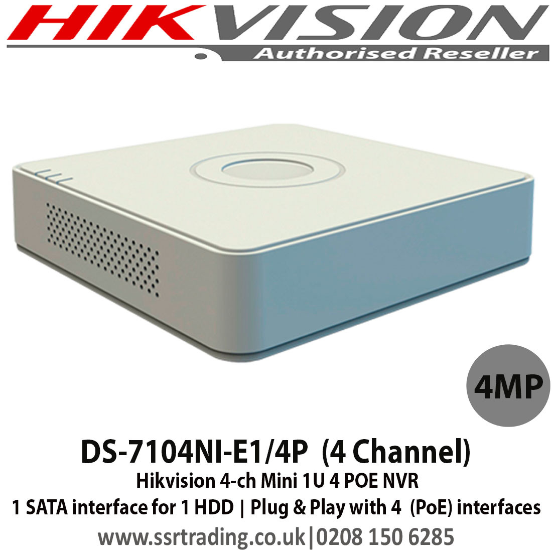 Hikvision 4 Channel Mini 1U 4 POE NVR - DS-7104NI-E1/4P