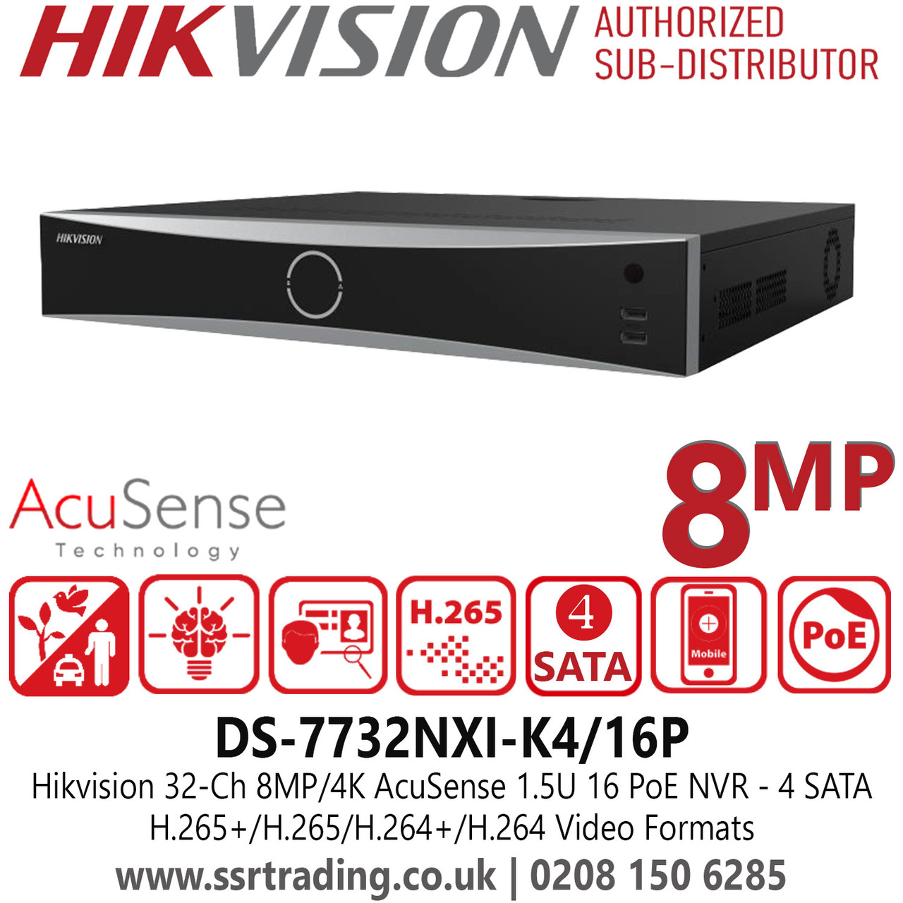 DS-7732NXI-K4/16P Hikvision 32 Ch 1.5U 16 PoE K Series AcuSense 4K NVR