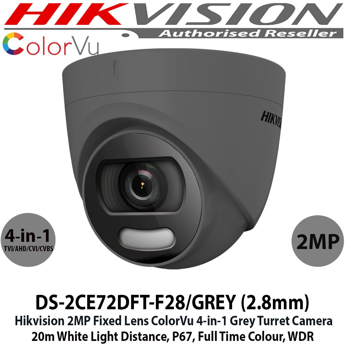 【中古】 2MP HDCVI 1080P 2.8mmレンズ スーパーミニサイズ 4242mm CCTV CVI HDカメラ 19201080 CVR DVR用 Hikvision 2MP 2.8mm Fixed Lens ColorVu Turret Grey CCTV Camera, 4