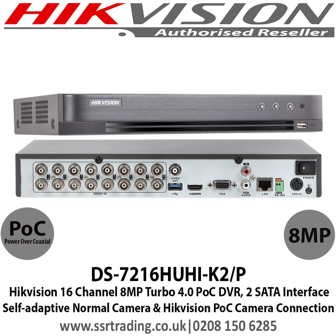 Hikvision DS-7216HUHI-K2/P 16 Channel 8MP TVI Turbo 4.0 PoC CCTV