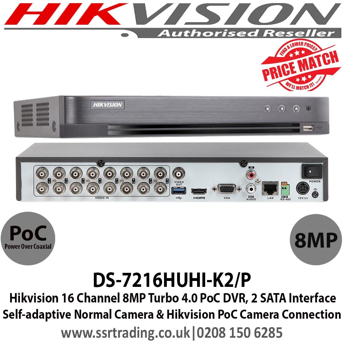 Hikvision DS-7216HUHI-K2/P 16 Channel 8MP TVI Turbo 4.0 PoC CCTV