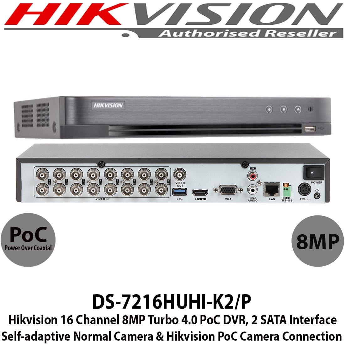 Hikvision DS-7216HUHI-K2/P 16 Channel 8MP TVI Turbo 4.0 PoC CCTV
