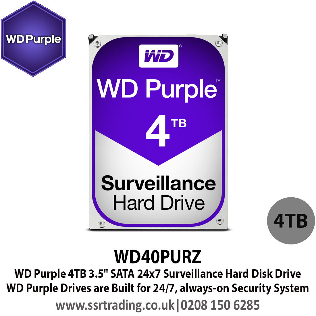 4TB WD Purple SATA Surveillance 24x7 Storage Hard Drive HDD 3.5