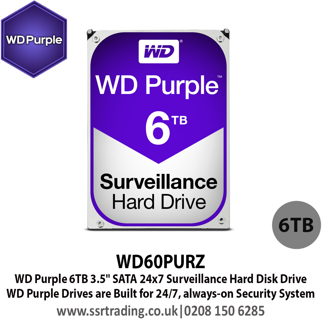 6TB WD Purple SATA Surveillance 24x7 Storage Hard Drive HDD 3.5