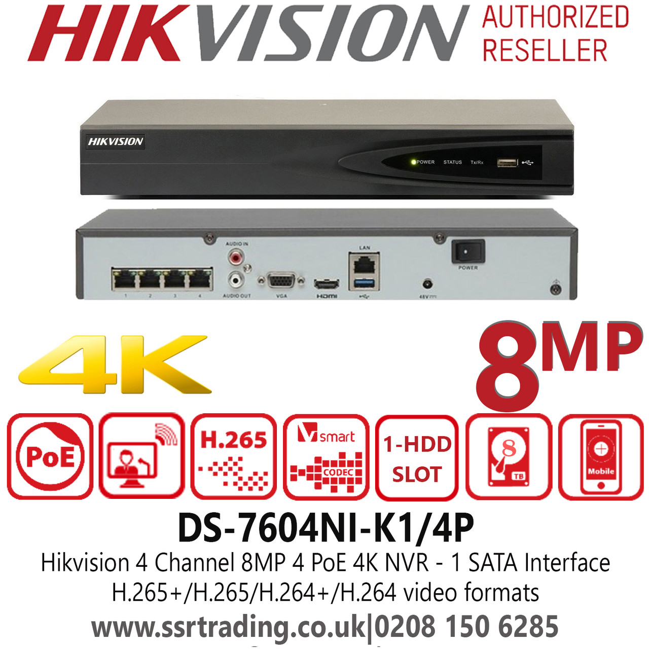 Hikvision 4 Channel 4CH 8MP HDMI 4K PoE NVR - DS-7604NI-K1/4P
