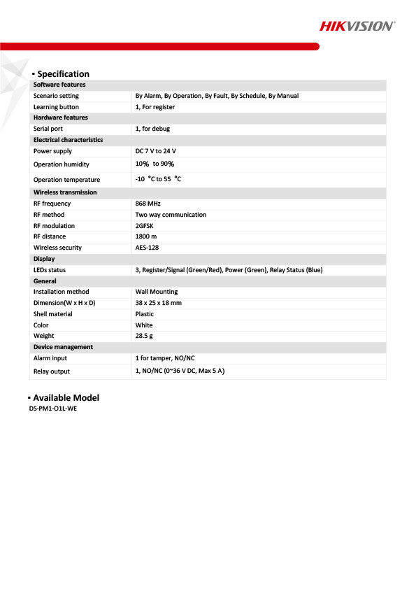 Hikvision AX PRO Series Wireless Relay Module - DS-PM1-O1L-WE