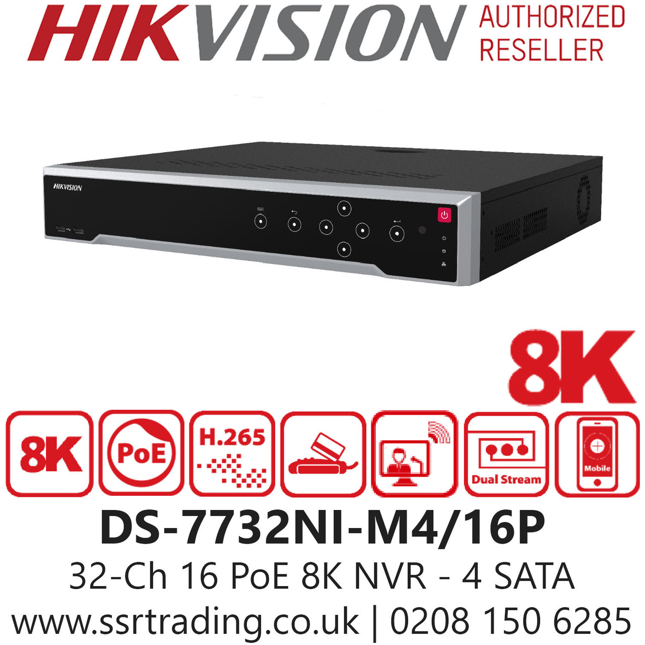Hikvision DS-7732NI-M4/16P 32 Channel 16 PoE 8K 32Ch NVR, 4 SATA