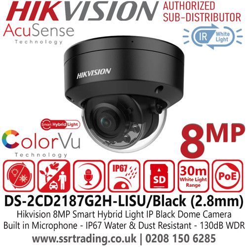 Hikvision 8MP Smart Hybrid Light Audio IP PoE Black Dome Camera with 2.8mm Fixed Lens, 30m White Light Range, IP67 Water and Dust Resistant, 130 dB WDR, Built in Mic, AcuSense Technology - DS-2CD2187G2H-LISU/Black (2.8mm) 