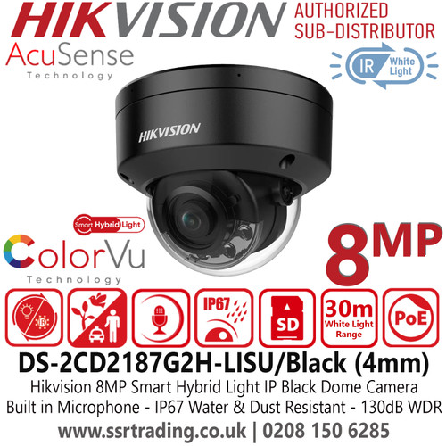 Hikvision 4K IP PoE Smart Hybrid Light Audio Black Dome 8MP Camera with 4mm Fixed Lens, 30m White Light Range, IP67 Water and Dust Resistant, 130 dB WDR, Built in Mic, AcuSense Technology - DS-2CD2187G2H-LISU/Black (4mm)