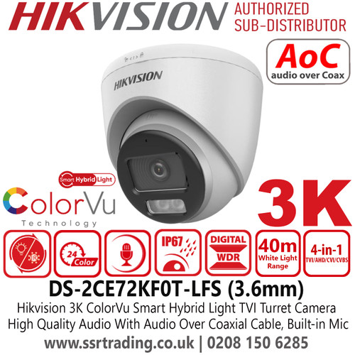 Hikvision Smart Hybrid Light 3K ColorVu Audio TVI Turret CCTV Camera With 3.6mm Fixed Lens, 40m White Light Range, IP67 Water and Dust Resistant, 40 m IR Distance, Built-in Mic - DS-2CE72KF0T-LFS (3.6mm)