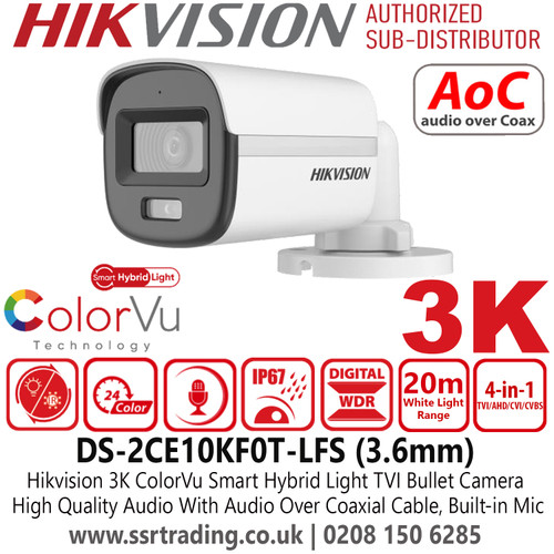 Hikvision Latest CCTV Camera 3K ColorVu Audio Smart Hybrid Light Outdoor TVI Mini Bullet Camera with Built in Mic, 3.6mm Fixed Lens, IP67 Water and Dust Resistant, 20m White Light Range, AoC (Audio Over Coaxial Cable) - DS-2CE10KF0T-LFS (3.6mm)
