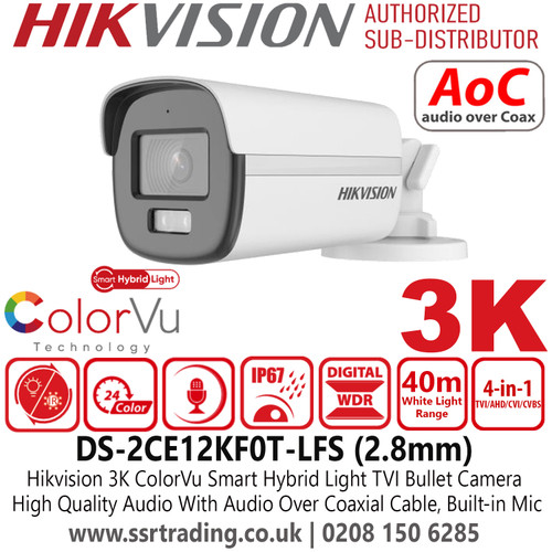 Hikvision Latest CCTV Camera 3K ColorVu Smart Hybrid Light Audio Bullet TVI Camera with 2.8mm Fixed Lens, 40m White Light Range, IP67 Water and Dust Resistant, Built in Mic, AoC (Audio Over Coaxial Cable) - DS-2CE12KF0T-LFS (2.8mm)
