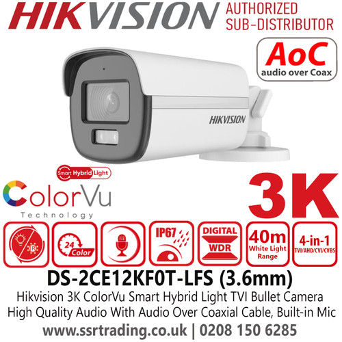 DS-2CE12KF0T-LFS (3.6mm) Hikvision 3K ColorVu Smart Hybrid Light Audio Bullet TVI/AHD/CVI/CVBS CCTV Camera with 3.6mm Fixed Lens, 40m White Light Range, IP67 Water and Dust Resistant, Built in Mic, AoC (Audio Over Coaxial Cable)