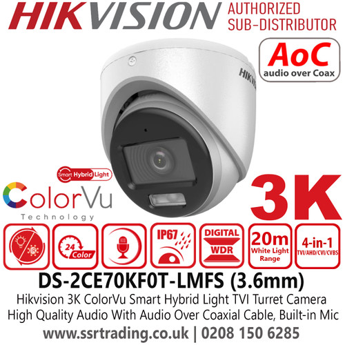  DS-2CE70KF0T-LMFS(3.6mm) 3K Hikvision Turbo HD ColorVu Audio IR Dual-light TVI Turret Camera With 3.6mm Fixed Focal Lens, 20m White Light Range, IP67 Water and Dust Resistant, Built in Mic